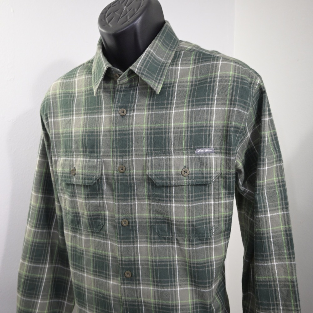 Eddie Bauer Travex Flannel Button Up Mens Large Green Plaid Long Sleeve Shirt